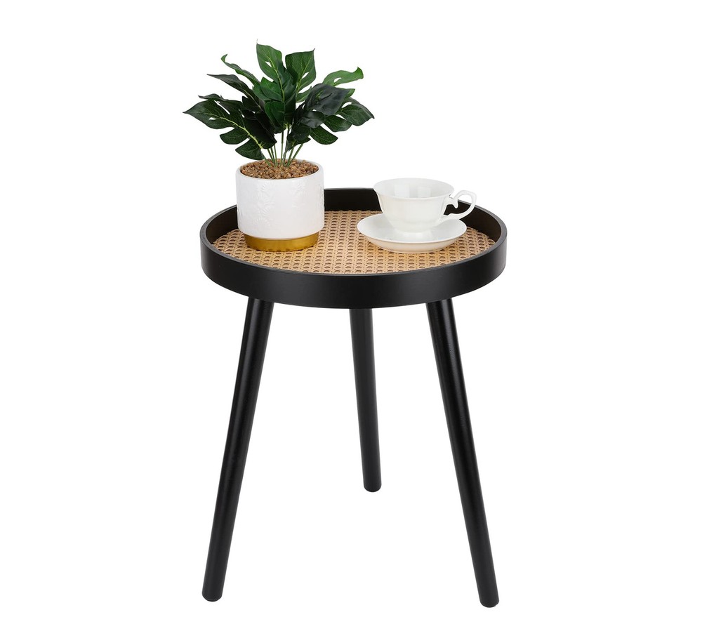Rattan Round Side Table Black Small Accent Table Modern Boho Bedside Mid-Century