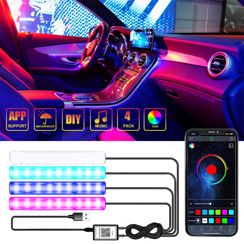4PCS Car RGB Interior Ambient LED Strip Light APP Music Control Atmosphere Lamps