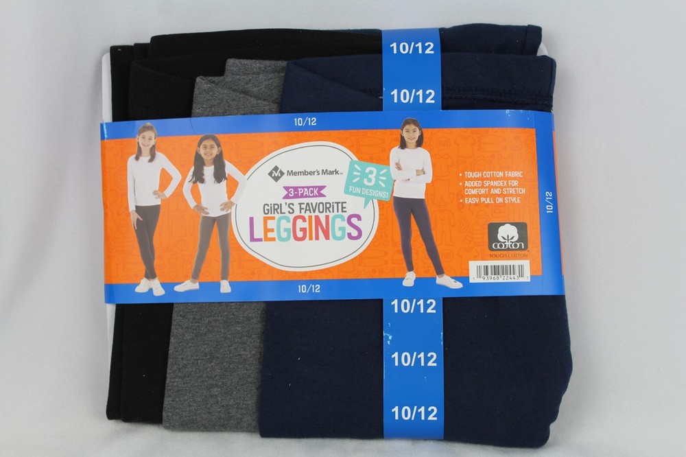Members Mark Girls 3-Pack Leggings 10/12 in Black Grey Dark Blue-image