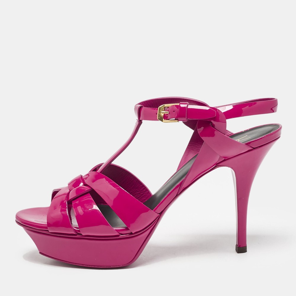 Saint Laurent Purple Patent Leather Tribute Sandals Size 38.5 Ankle Strap