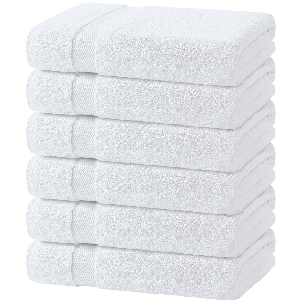 Wealuxe 22x44 Inch 6-Pack White Cotton Bath Towels Quick Dry Soft Luxury