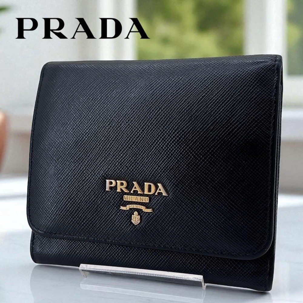 Prada Saffiano Black Leather Tri-Fold Compact Wallet Pre-Owned
