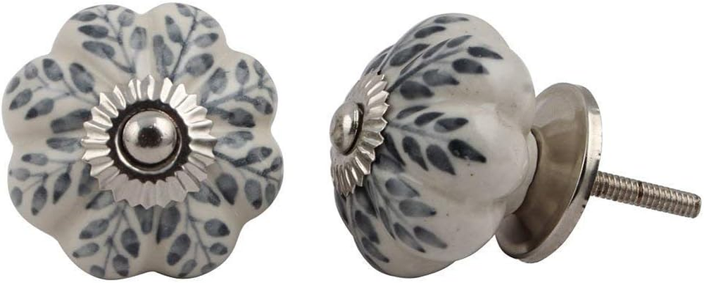 Set of 12 White Floral Leaf Ceramic Cabinet Knobs Drawer Pull Handles