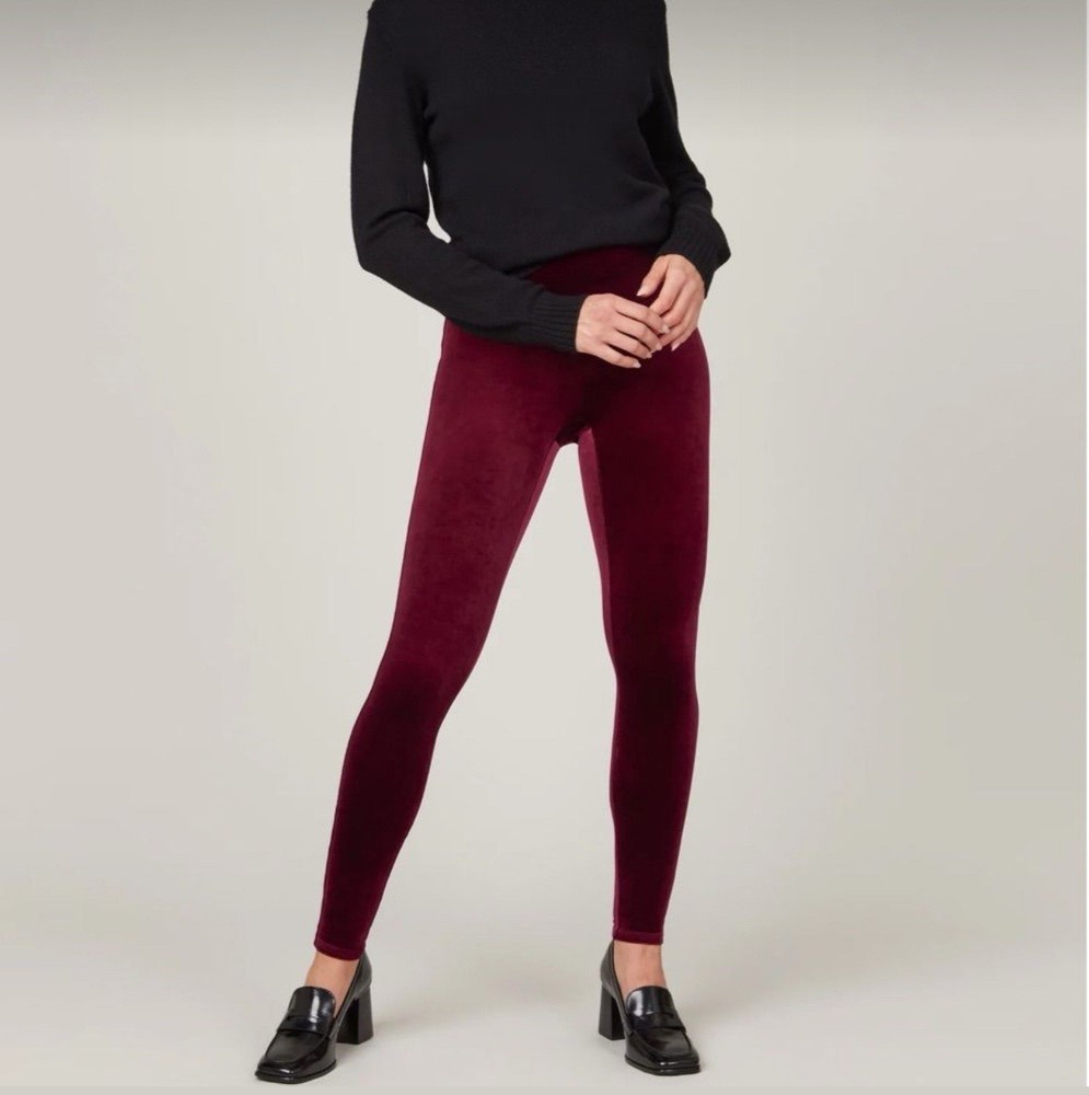 Spanx Womens Velvet High Rise Compression Leggings Size Small Rich Burgundy