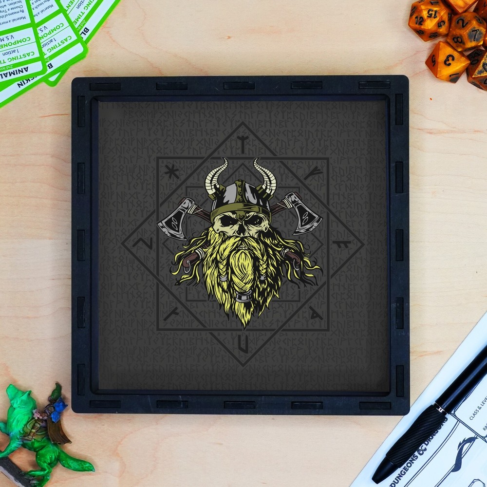 Viking Warrior Dice Tray, Black Square Wooden Dice Tray, D&D Rolling Tray