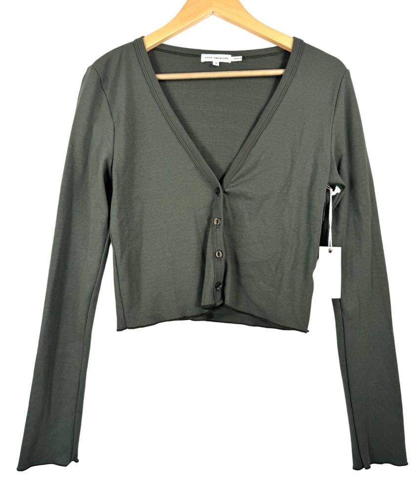Good American Y2K olive cropped baby rib cardigan size 3(L)