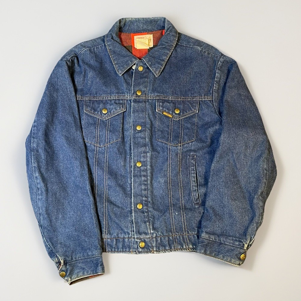 Vintage 80s Saddle King Trucker Denim Jacket Size 46 with Flannel Buffalo Plaid Lining
