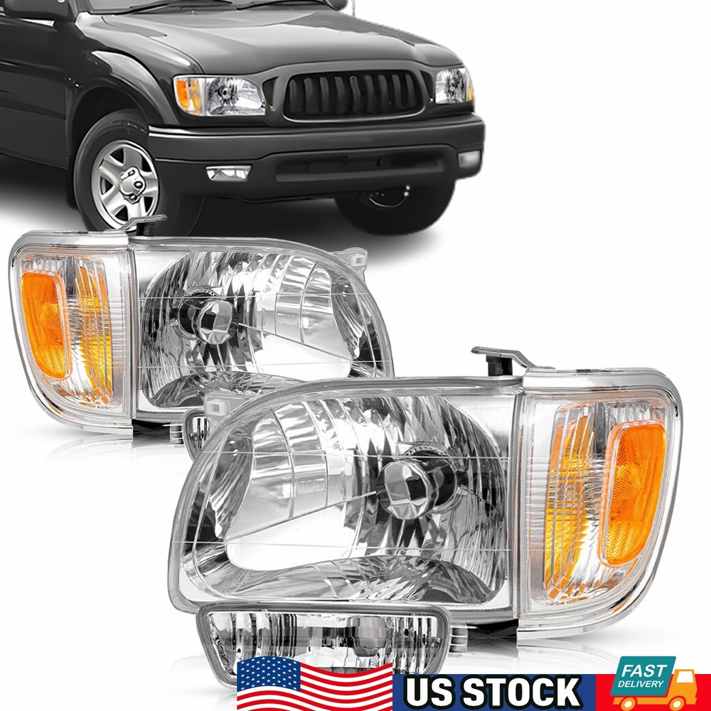 For 2001-2004 Toyota Tacoma Chrome Headlights Amber Signal Lamps + Bumper Lights