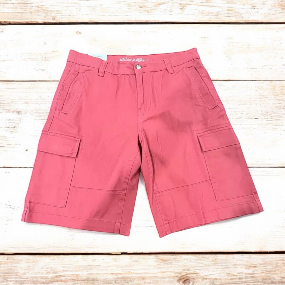 NEW Eddie Bauer Men's Size 30 Twill Cargo Shorts Flat Front Red Chili Stretch