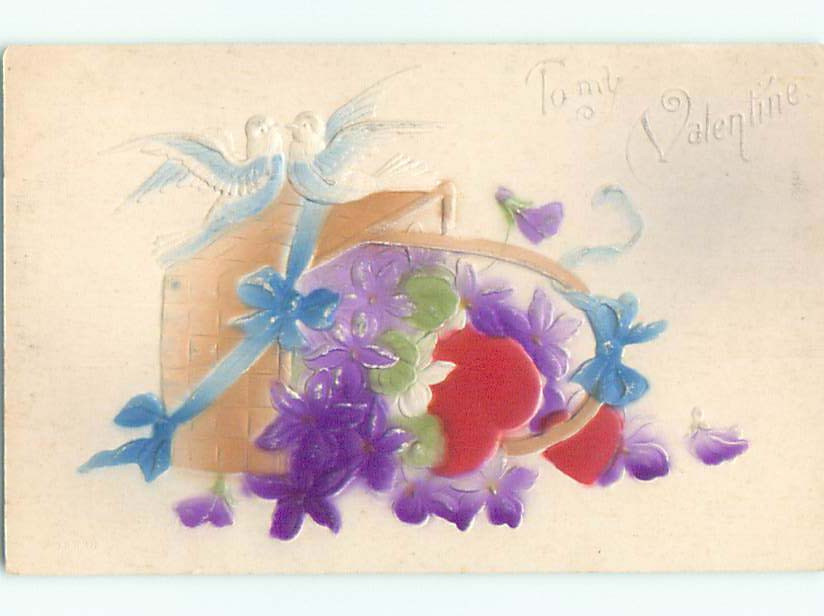 Pre-Linen valentine ART NOUVEAU - EMBOSSED BIRDS ON SPILLED FLOWER BASKET k5633