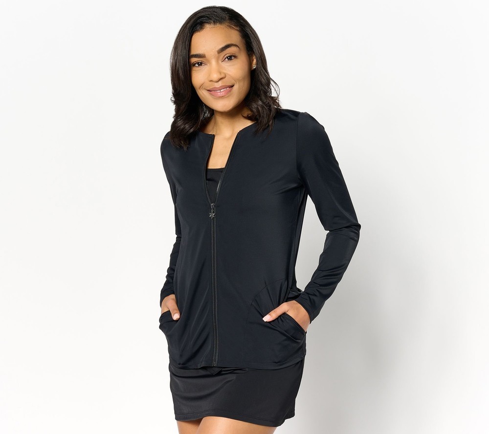 Denim & Co. Women's Swimsuit Sz XL Beach Zip-Front Swim Cardigan Black A634840