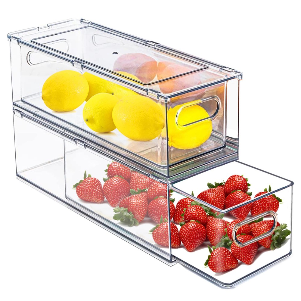 2 Pack Fridge Organizers and Storage with Pull out Drawer, Stackable Storage ...