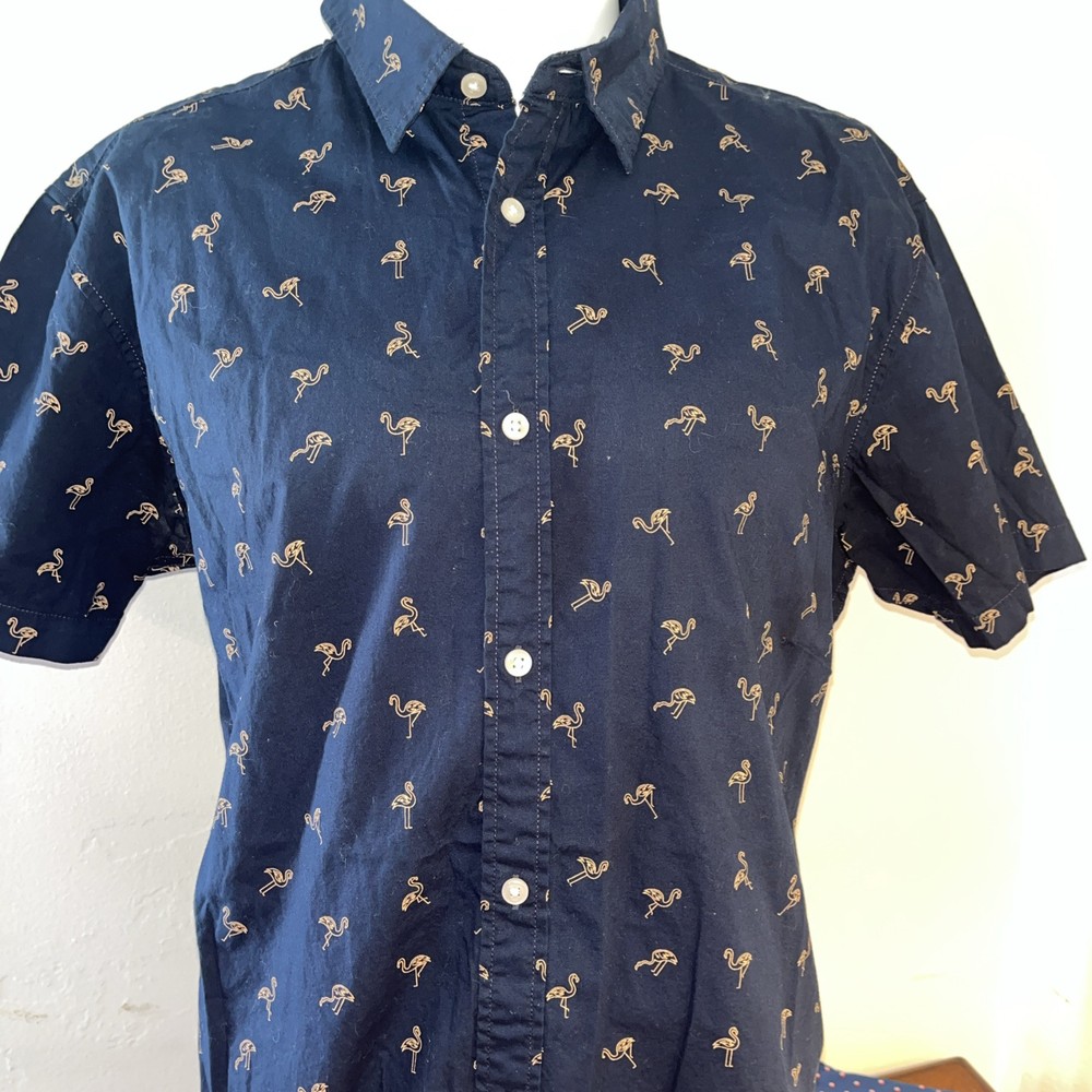 Jack & Jones Resort Shirt Mens XL Blue Monogram  Button Up Flamingo print