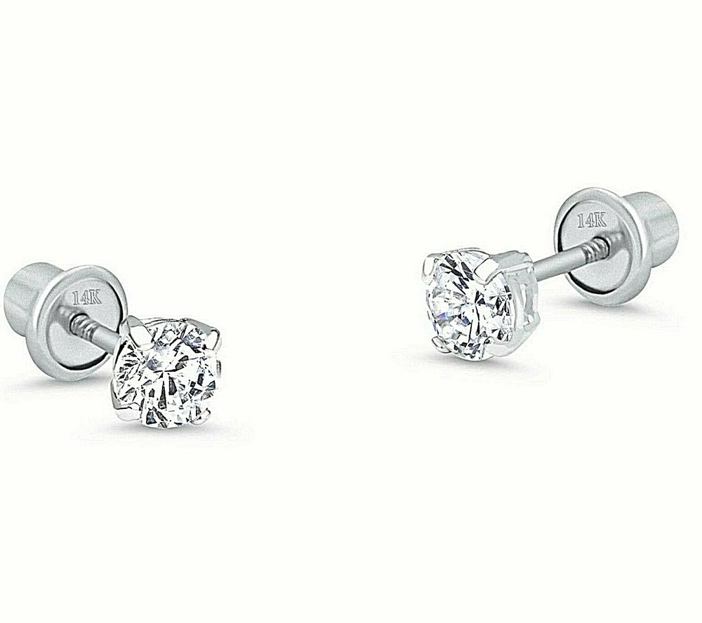 Genuine Diamond Stud Screw Back Earrings in 14k Solid White Gold