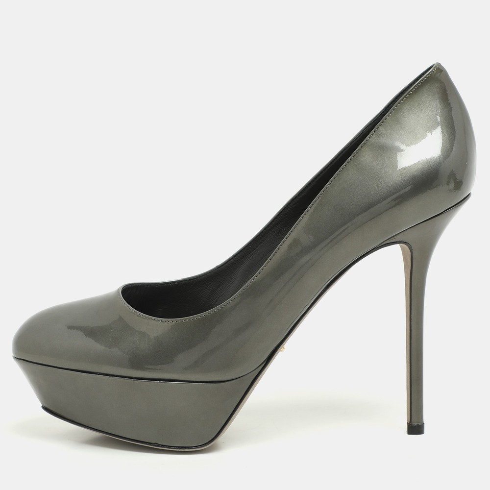 Sergio Rossi Grey Patent Leather Platform Pumps Size 40.5 EU