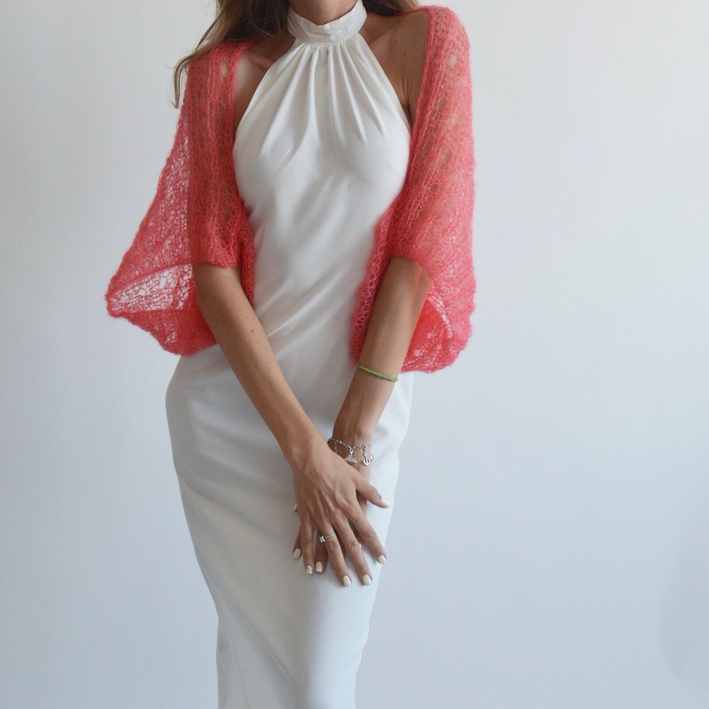 Coral silk mohair shawl Bridal light shrug Wedding knit cover up Evening bolero