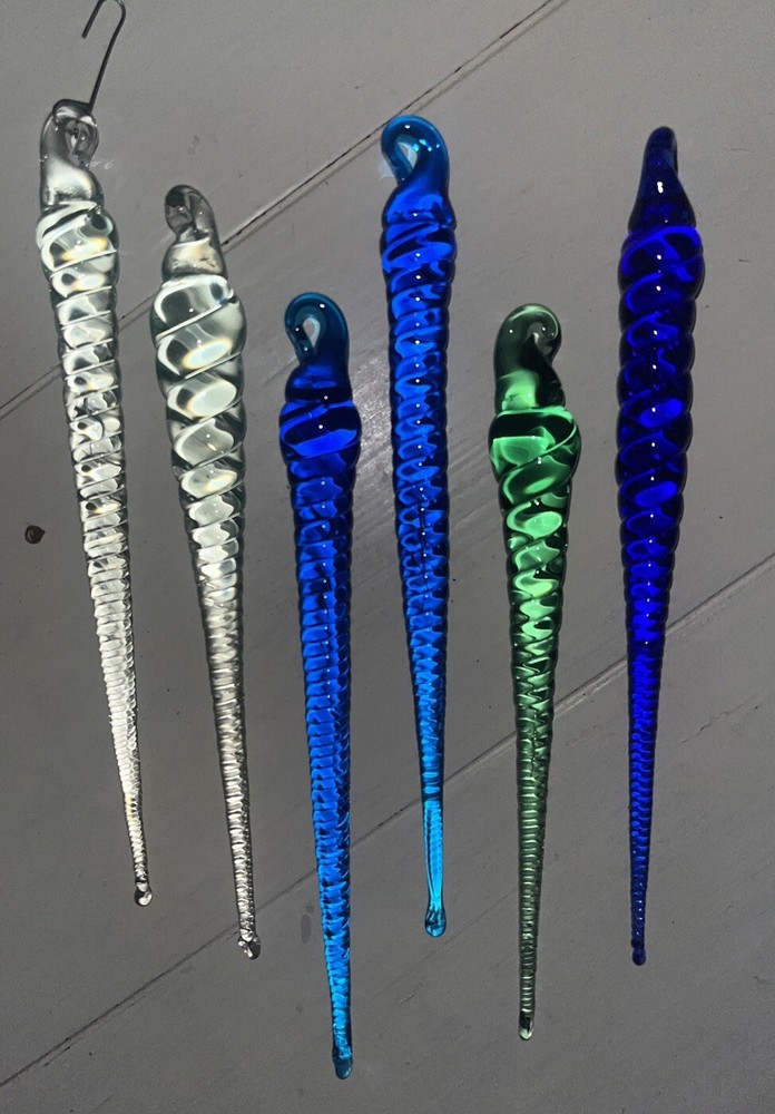 6 Blown Art Glass Icicle Christmas Ornament Handcrafted Twisted Green Blue Clear
