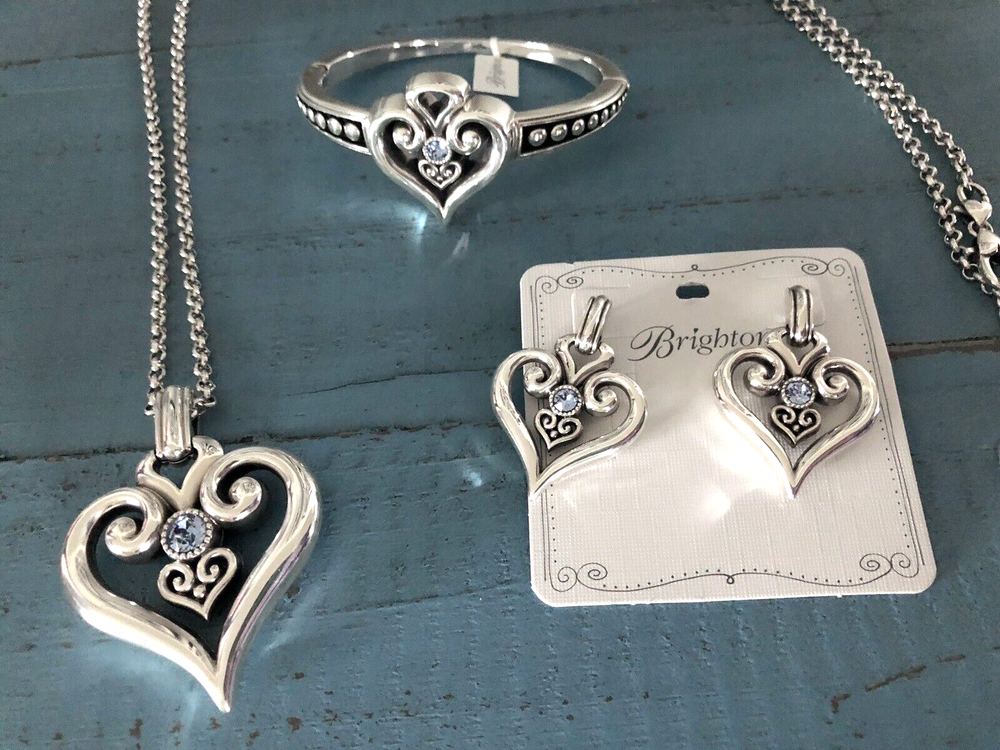 Brighton Alcazar Heart Glint Necklace Hinged Bangle & Post Drop Earrings Set NWT