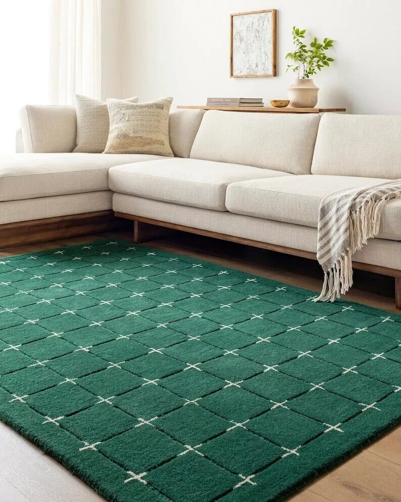 Hand Tufted Rug Green Rug | Handmade 100% Wool Area Rug | Home Decor Rug 7x10 ft