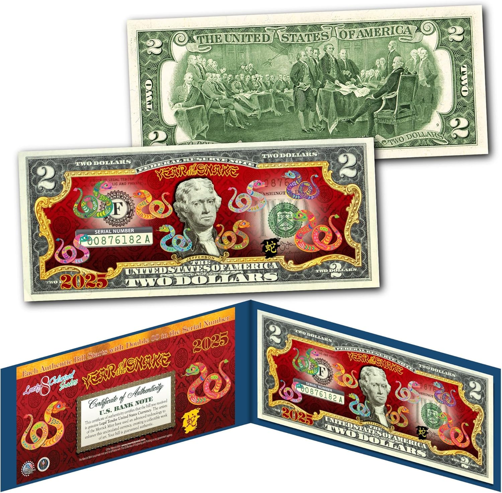 2025 Lunar New Year $2 Bill - Colorized Snake Edition in Display Folio