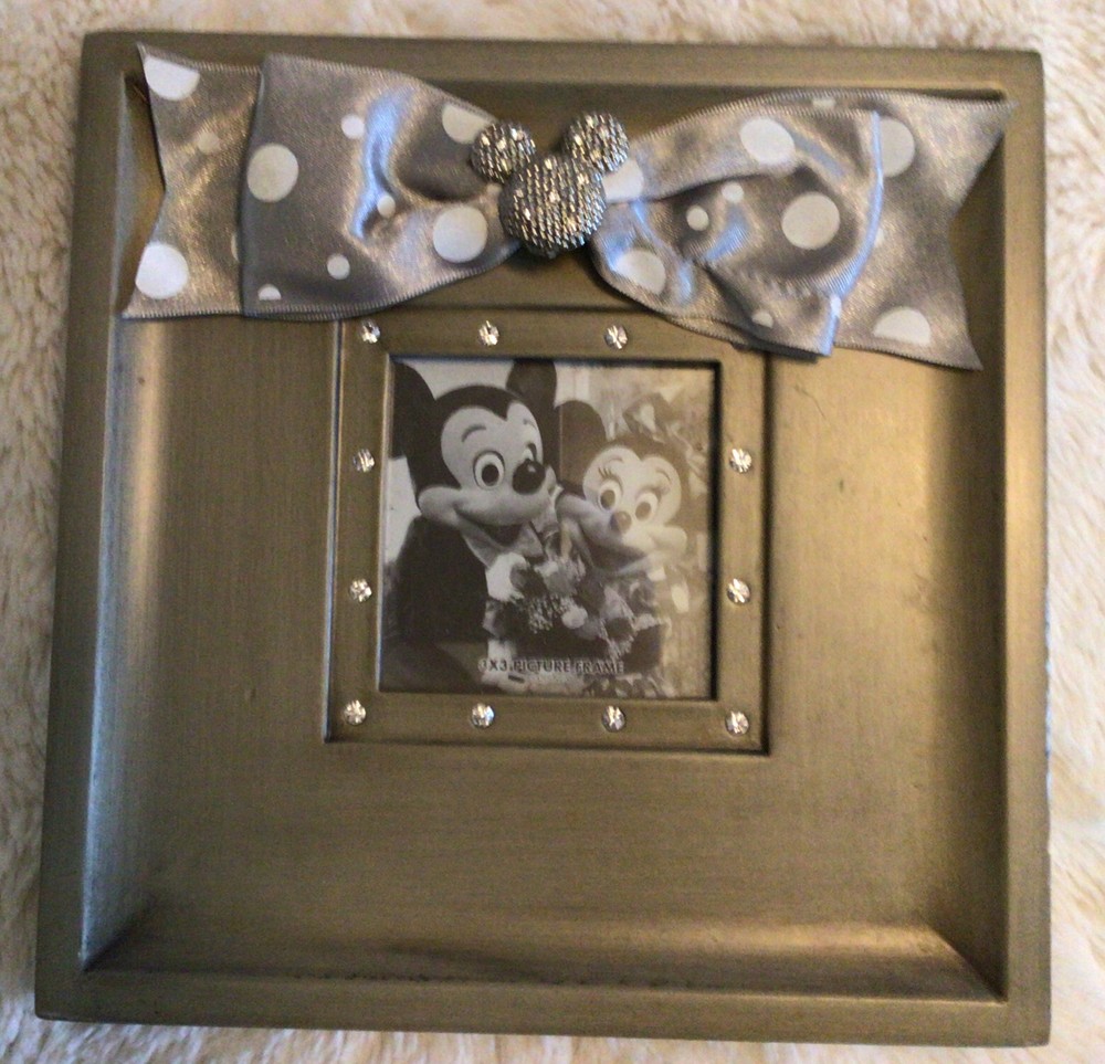 Disney Frame Minnie Mouse Silver 3x3 inch Bow, Rhinestones & Mickey Ears