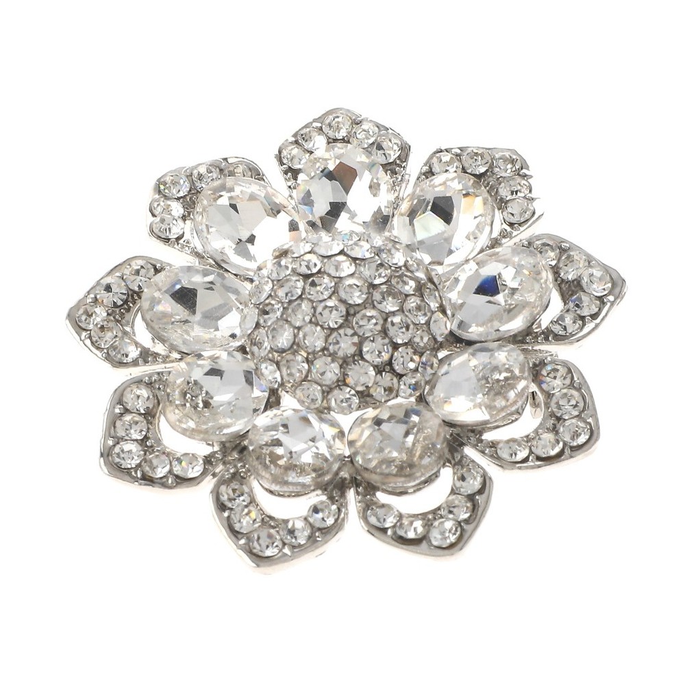 Silver Tone Alloy Metal Medium Crystal Rhinestone Flower Brooch P1582-SCL
