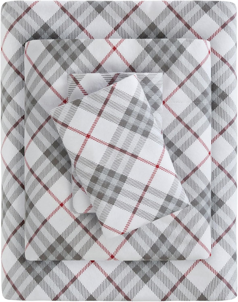 Cozy Red Plaid Flannel Animal Print Cotton Sheet Set Full 4-Piece