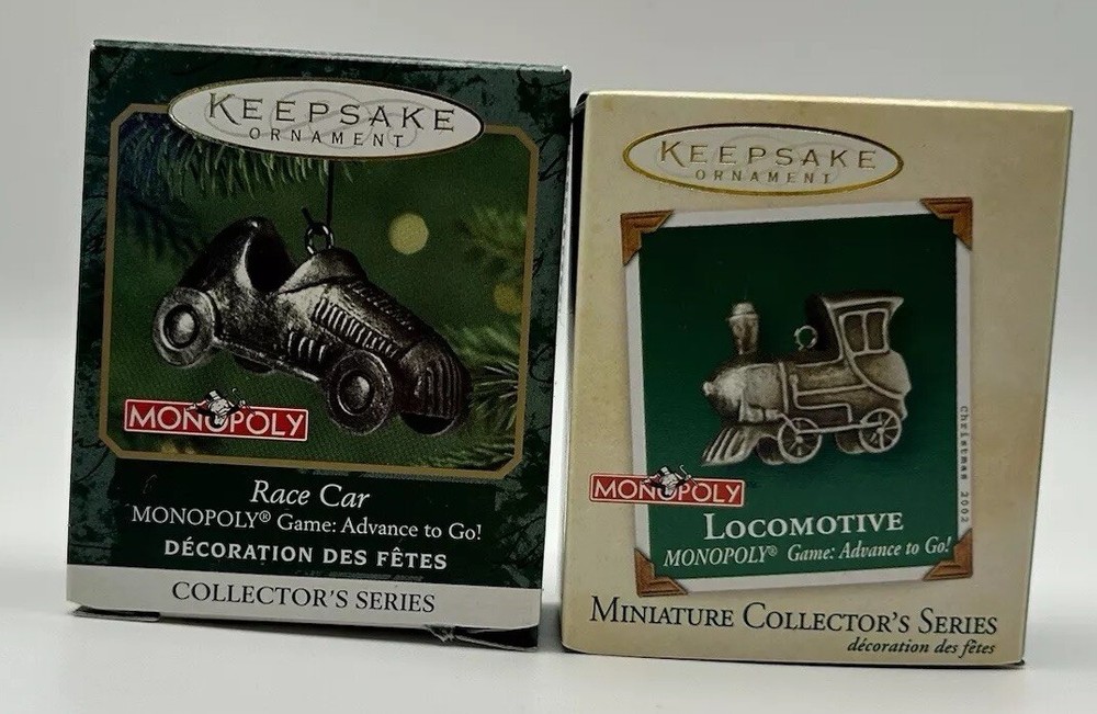 2 Hallmark Monopoly Pewter Miniature Keepsake Ornaments Locomotive and Race Car