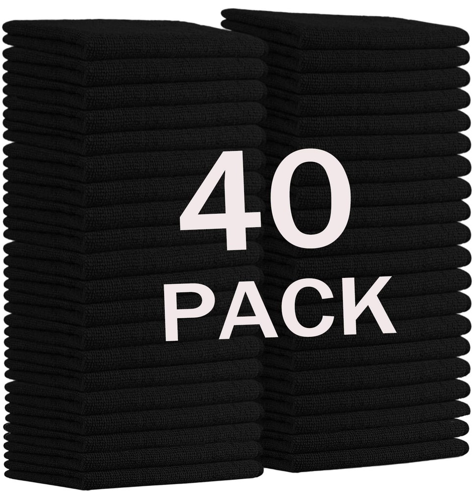 12x12 Inch Black Microfiber Cleaning Cloths 40-Pack Multipurpose Reusable for Home & Car
