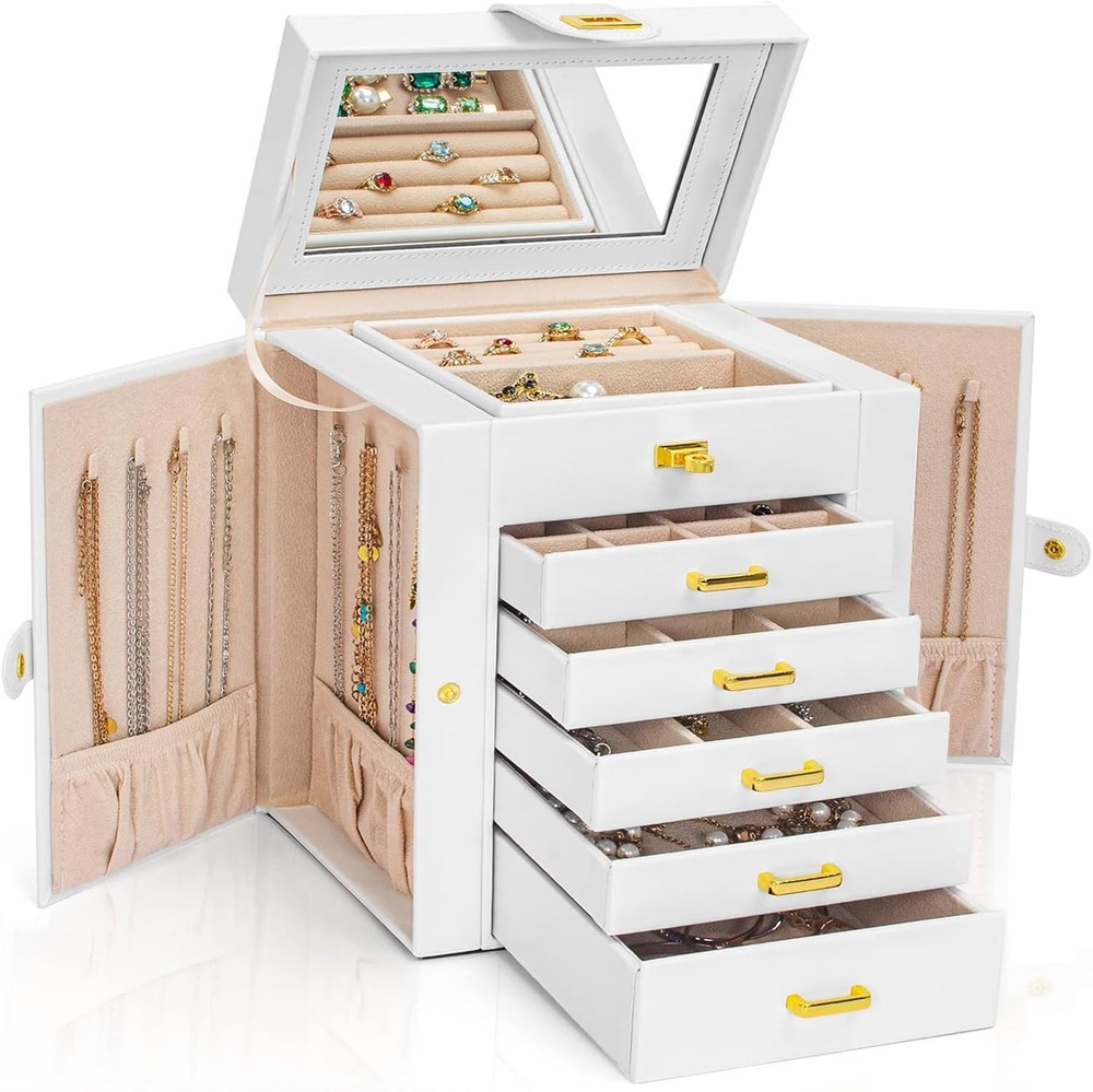 Functional 6-Tier Jewelry Box Organizer 5 Drawers Leather Jewelry Storage Case W
