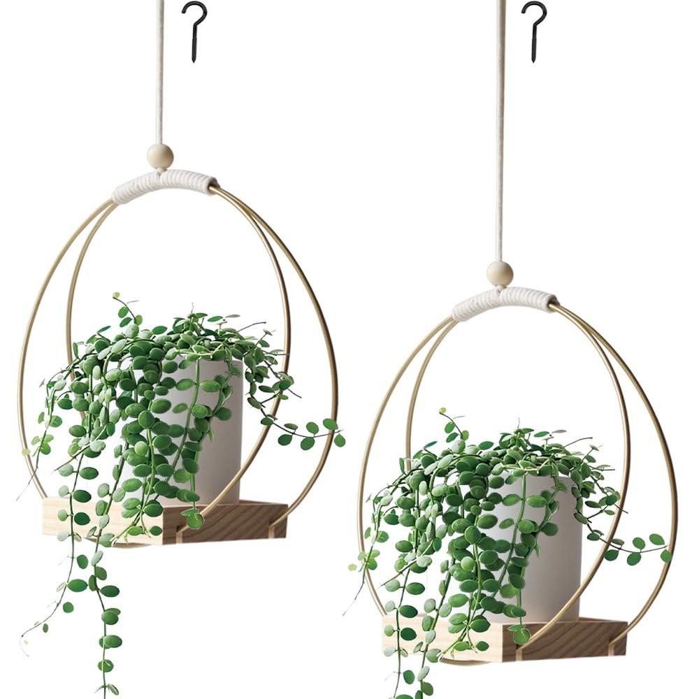 Macrame Plant Hangers with Wood Base -2 Pack Boho Hanging Plant Holder for In...