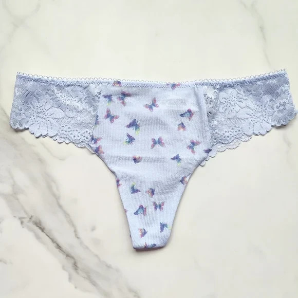 PINK Victoria's Secret No-Show Lace-Trim Thong Panty Soft Iris Butterfly S/M/L