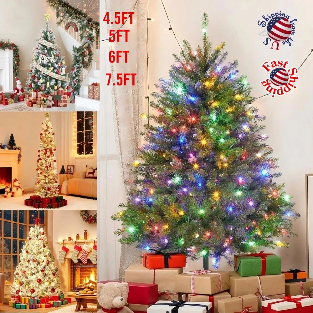 Artificial 4.5/5/6/7.5FT Pre-Lit Christmas Tree w/ 2 Colors 900 LED Light Stand