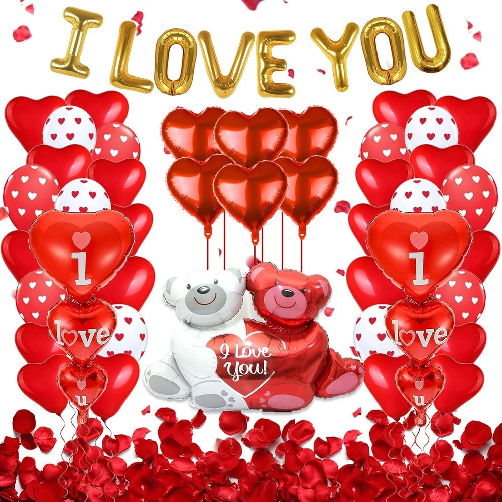 49 Pcs Valentines Balloons & Teddy Bear Set - Romantic Decor for Valentines Day