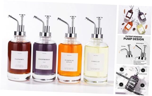 Coffee Syrup Dispenser for Coffee Bar, Coffee Pump 500ml, Set of 4 Silver