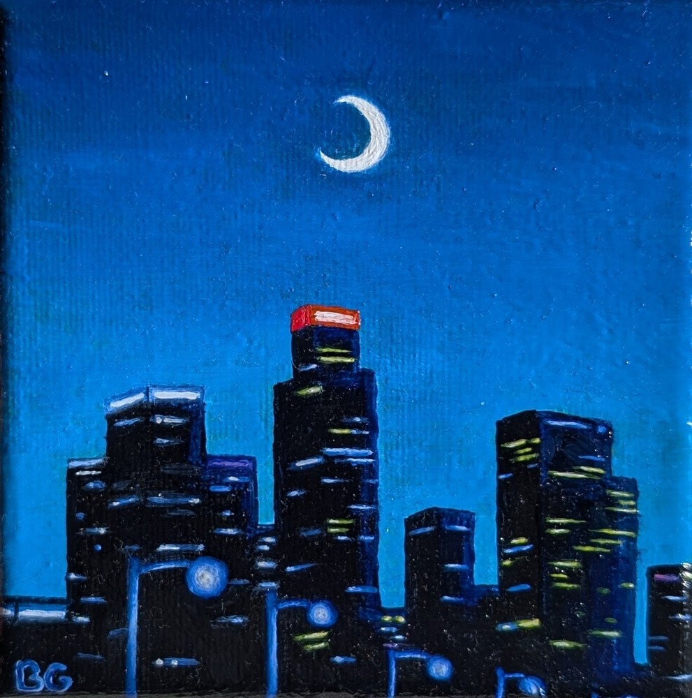 Original 4x4 oil painting of Los Angeles night skyline with moon art