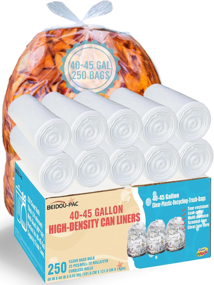 40-45 Gallon Trash Bags, 250 Count Bulk, Heavy Duty Clear Plastic Recycling Garb