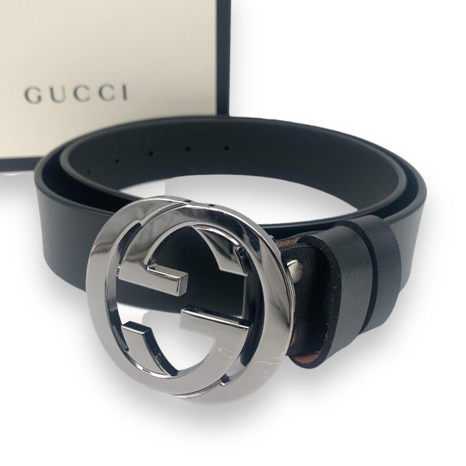 Gucci Black Silver Interlocking Buckle Leather Belt Preowned