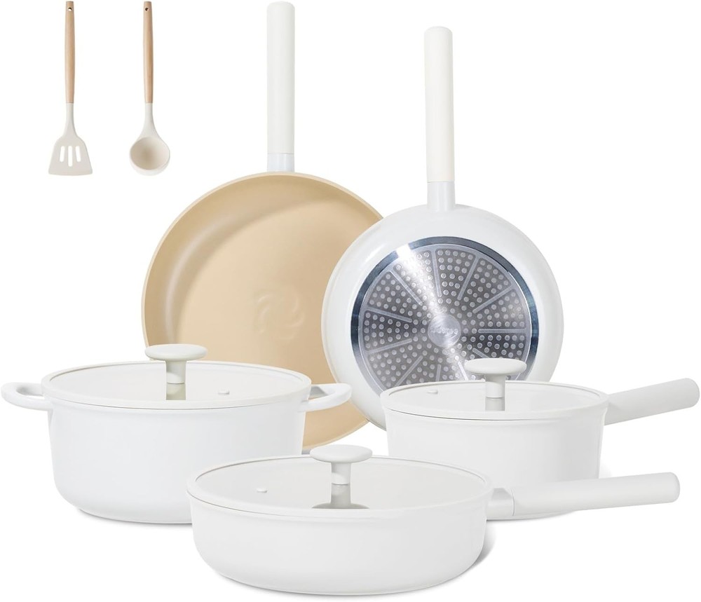 JEETEE 15-Piece Non Stick Ceramic Cookware Set in Beige