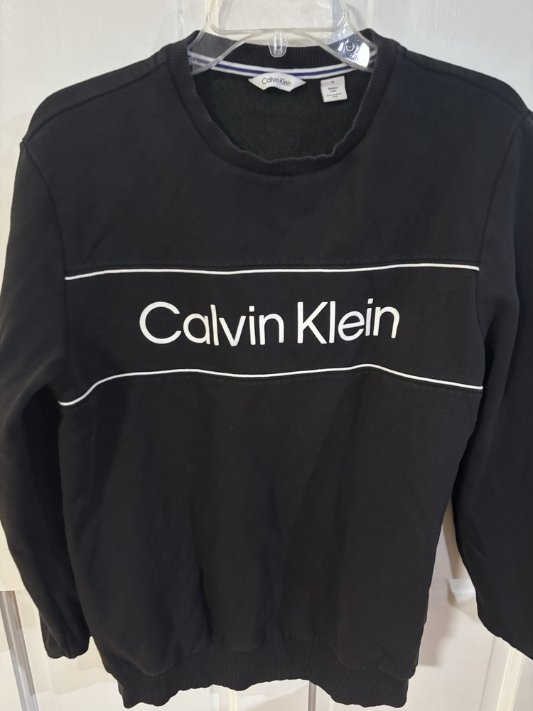 Calvin Klein Sweatshirt Womens M Black Soft Touch Fleece Logo Stripe Pullover