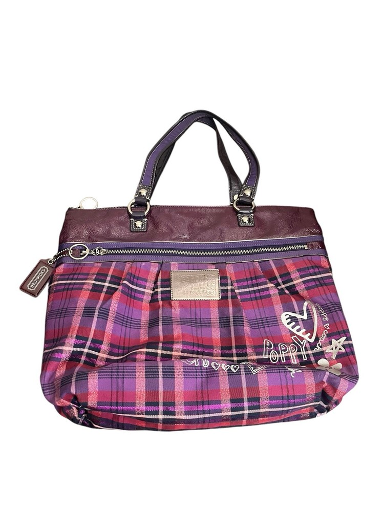 COACH POPPY TARTAN GLAM Purple Patent Leather Shoulder Shopper Purse 15886 Tote