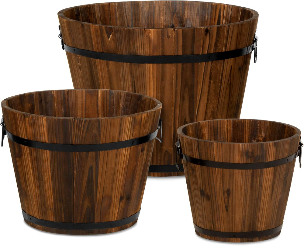 Set of 3 Wooden Bucket Barrel Garden Planters Set Rustic Decorative Flower Beds