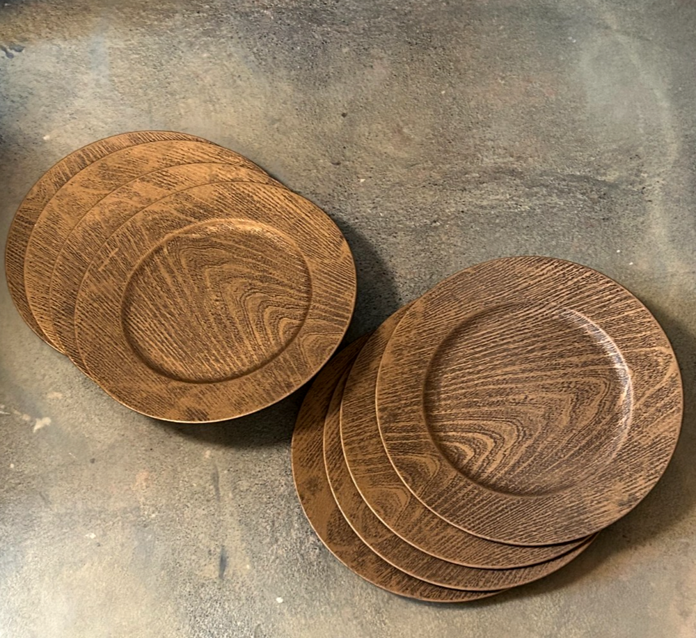 8 FAUX BOIS GOLD BRONZE TONE WOODGRAIN Melamine Entertaining Charger Plates 13