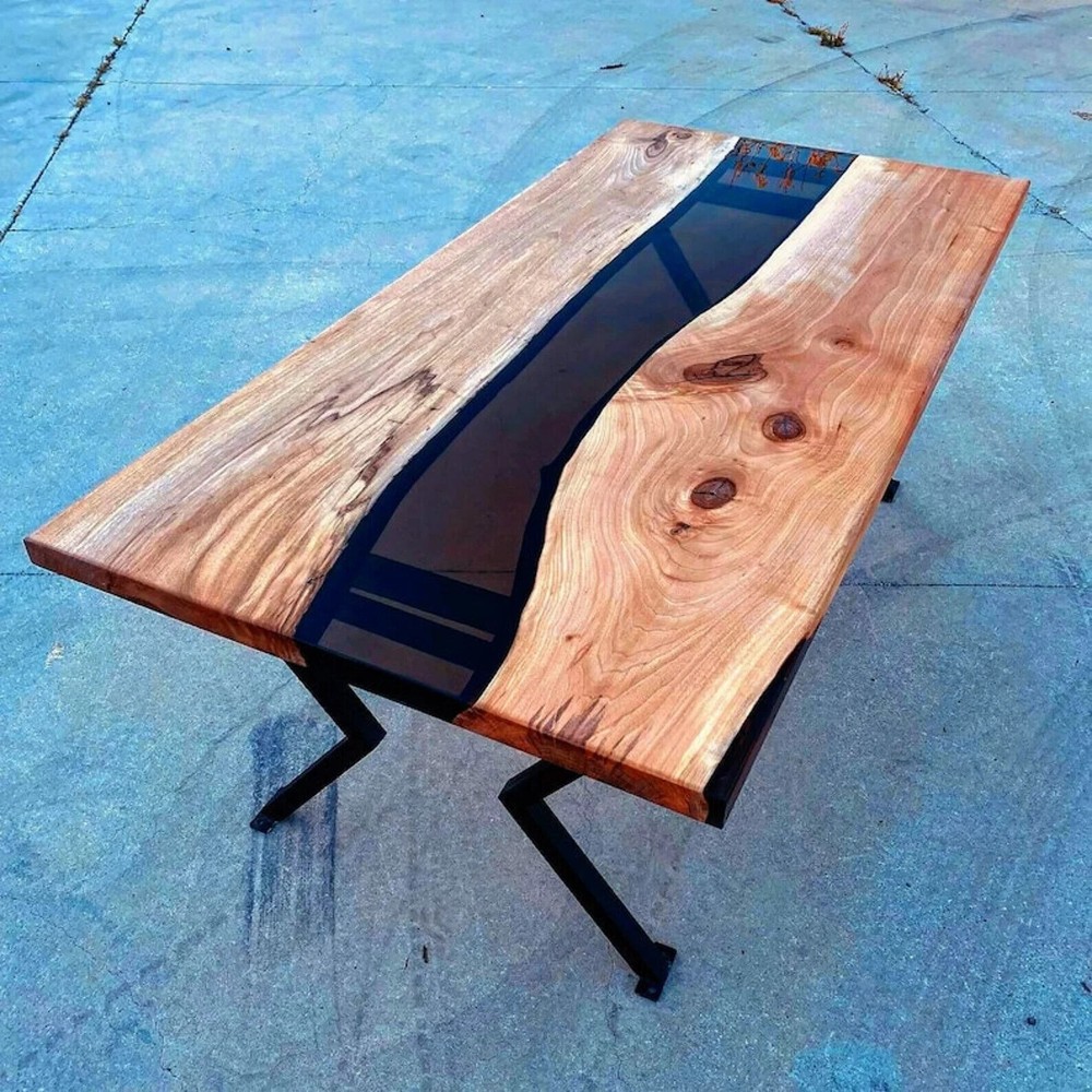 Clear Black Resin Acacia Dining Table, Epoxy River Office Desk Furniture Decor