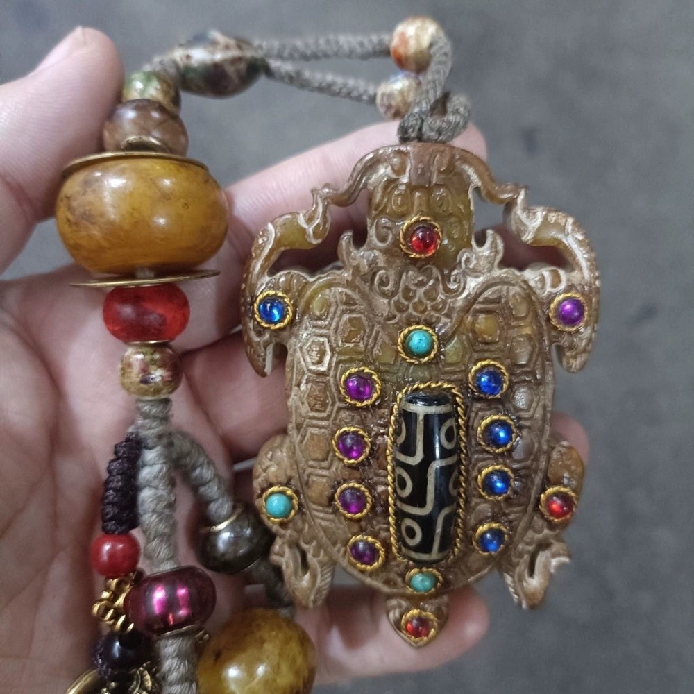 Gaoguyu Inlaid with Gemstones Nine-eyed Dzi Beads Dragon Turtle Handle Piece