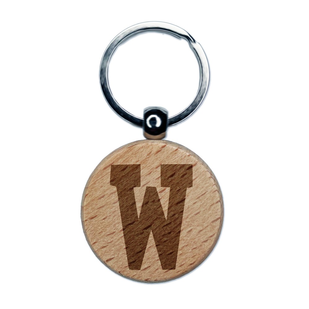 Bold Engraved Wooden Letter W Keychain Tag Charm  