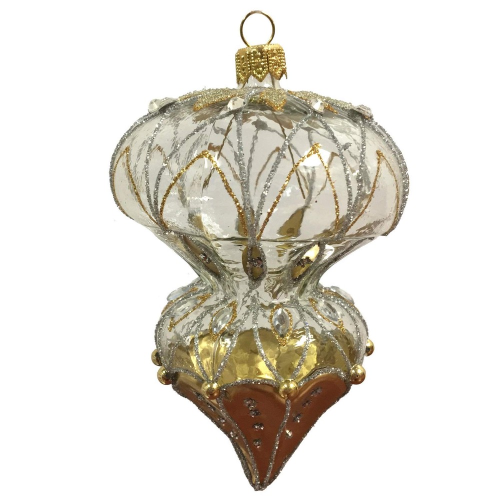 Clear and Gold Teardrop Shape Polish Glass Christmas Tree Ornament Made Poland