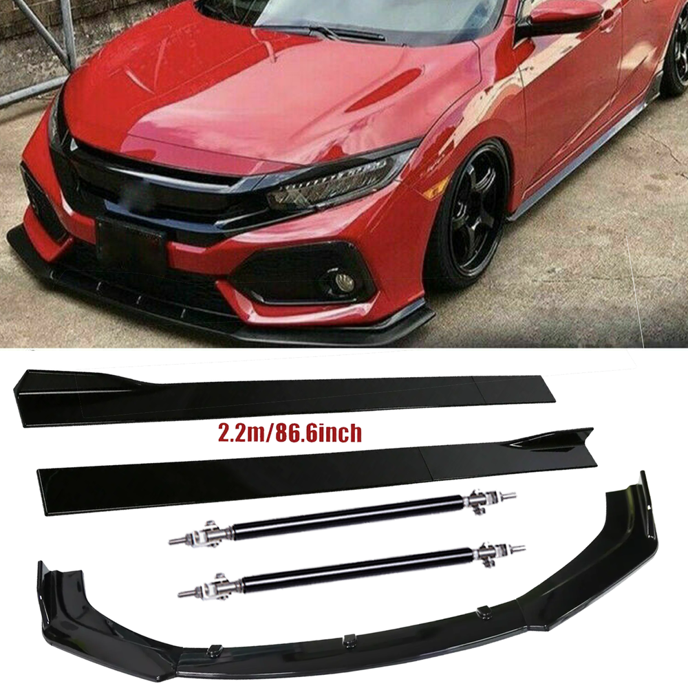 Front Bumper Lip Splitter Spoiler Strut Rods For Honda Civic Hatchback & Si