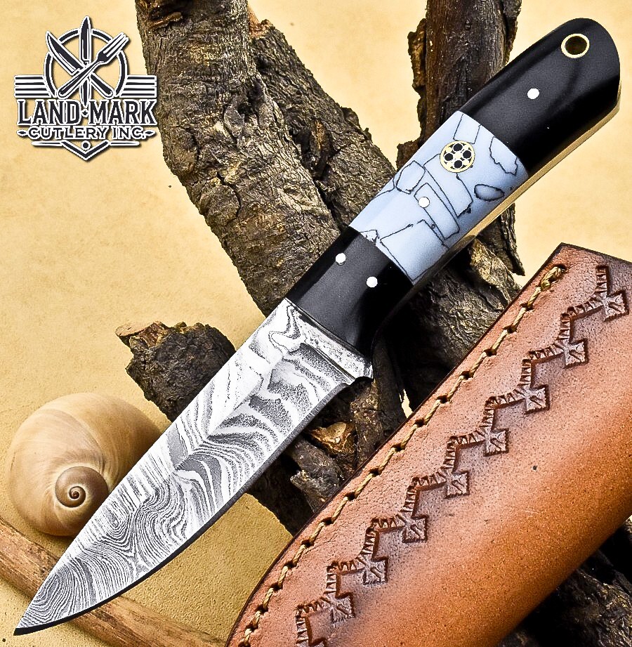 Sky Blue & Black Resin Handle Damascus Steel Hunting Knife