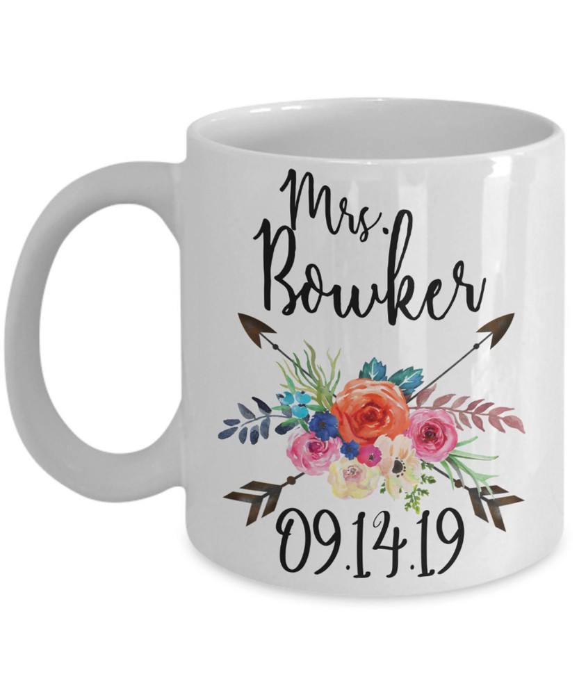 Personlized Mrs Mug Custom Wedding Gift For Bride With Floral Arrows And Wedding